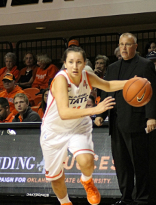 Lakota Beatty drives to the backet for the Oklahoma State Cowgirls. (Photo by Troy Littledeer)