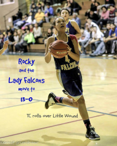 Rocky Colombe scored 21 points including making 5-6 treys as the Lady Falcons improved to 13-0 with a 76-37 win at Little Wound.