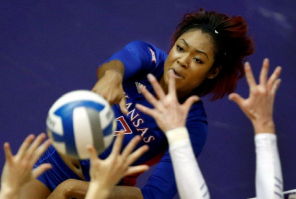 Defense powers No. 9 Kansas Volleyball past Kansas State, 3-1; Tiana Dockery (Navajo) has 12 kills23/digs for Jayhawks