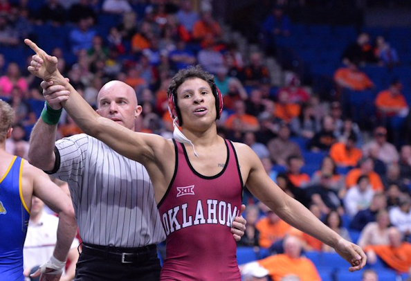 Junior Davion Jeffries (Mvskoke Creek) claimed OU’s first victory of the dual but Sooners would fall to West Virginia, 12-24