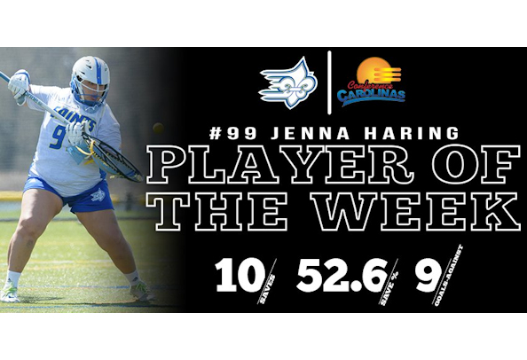 Limestone College goalkeeper Jenna Haring (Seneca Nation) has been named the Conference Carolinas Women’s Lacrosse Player of the Week