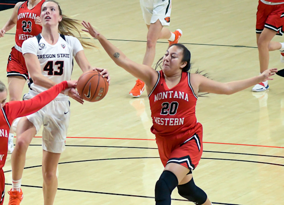 Montana Western’s Lilly Gopher (Chippewa/Cree) scored 11 points in Bulldogs Loss to Oregon State University