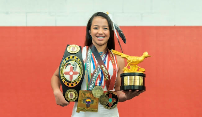 Big Pine Paiute Tribal member Miranda Stewart Hess Jr. is a two-time NM and SD Juniors State Wrestling Champion