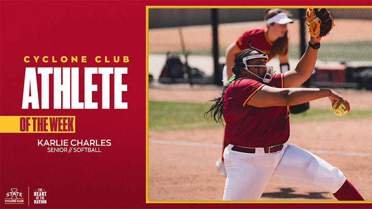 Karlie Charles (Chickasaw) has been named the Cyclone Club Athlete of the Week after helping Iowa State softball to a 3-1 week