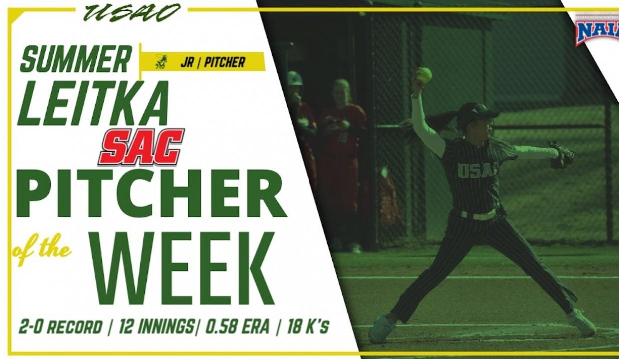 Summer Leitka (Seminole) has been named the Sooner Athletic Conference Pitcher of the Week