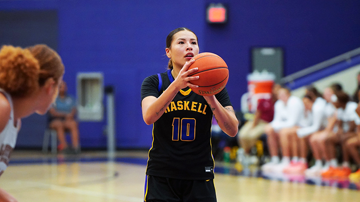 Haskell Indian Nation University women’s basketball pull away late to upset NCAA Divison II Rogers State, 77–69