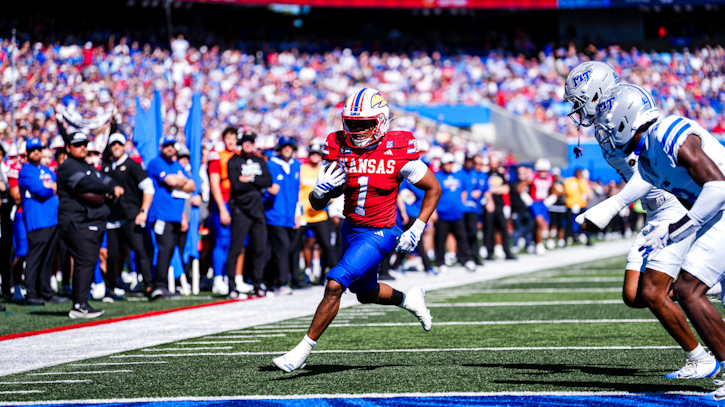 Dylan Edwards (Mvskoke/Seminole) paced the Jayhawks with 137 yards and three touchdowns in Weekend Win