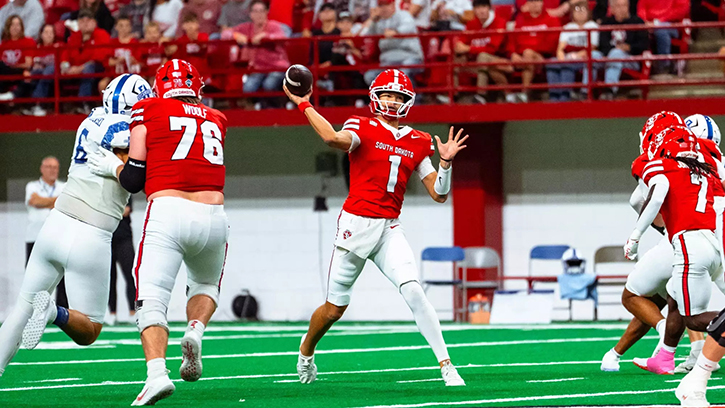 Austyn Modrzewski (Chiricahua Apache) threw for 268 yards for as South Dakota beat Southern Illinoise, 31-10